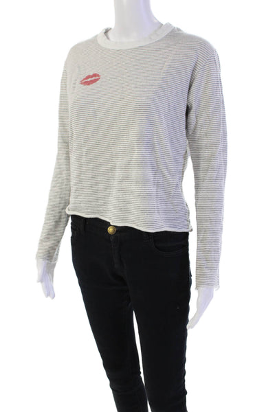 Monrow Womens Cotton Long Sleeve Round Neck Knit Stripe Sweater White Size S