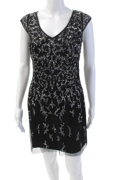 Aidan Mattox Womens V-Neck Sequined Back Zipped Embroidered Dress Black Size 4
