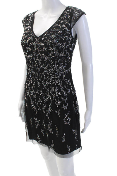 Aidan Mattox Womens V-Neck Sequined Back Zipped Embroidered Dress Black Size 4