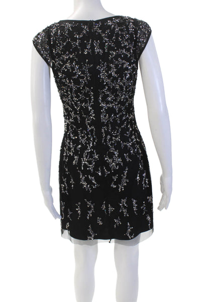 Aidan Mattox Womens V-Neck Sequined Back Zipped Embroidered Dress Black Size 4
