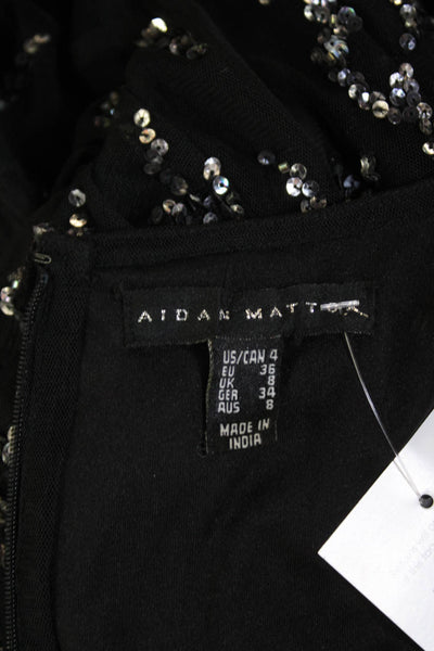 Aidan Mattox Womens V-Neck Sequined Back Zipped Embroidered Dress Black Size 4