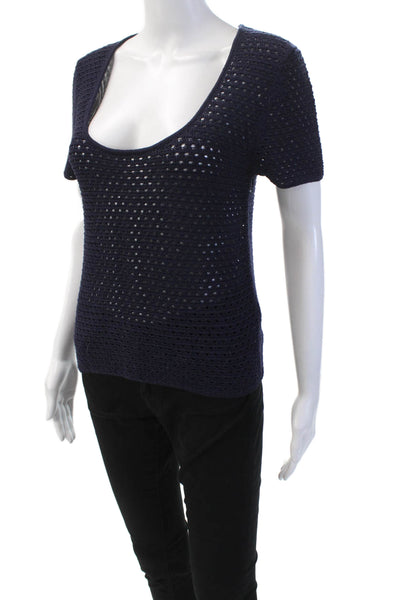 Vince Womens Cotton Scoop Neck Short Sleeve Knit Top Blue Size S
