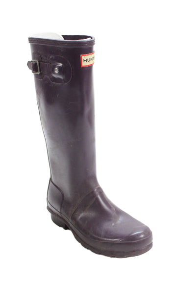 Hunter Womens Buckled Detail Slip On Knee High Rain Boots Purple Size 4