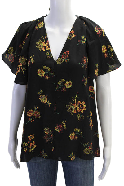 A.L.C. Womens Silk Floral Print V Neck Batwing Sleeves Blouse Black Size 10
