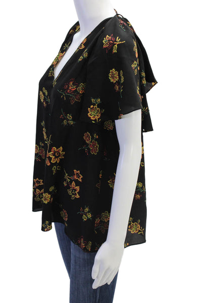 A.L.C. Womens Silk Floral Print V Neck Batwing Sleeves Blouse Black Size 10