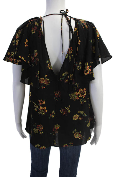 A.L.C. Womens Silk Floral Print V Neck Batwing Sleeves Blouse Black Size 10