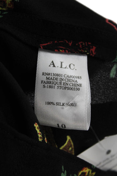 A.L.C. Womens Silk Floral Print V Neck Batwing Sleeves Blouse Black Size 10