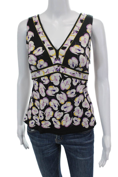 Elie Tahari Womens Side Zip Sleeveless V Neck Knit Floral Top Black White XS