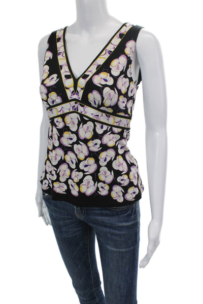 Elie Tahari Womens Side Zip Sleeveless V Neck Knit Floral Top Black White XS