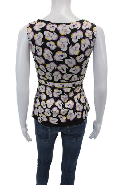 Elie Tahari Womens Side Zip Sleeveless V Neck Knit Floral Top Black White XS