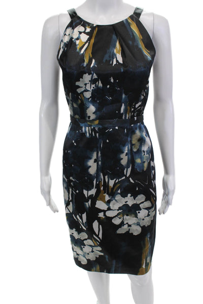 Tahari Womens Floral Print Sleeveless Sheath Mid Calf Dress Blue Black Size 6
