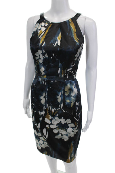 Tahari Womens Floral Print Sleeveless Sheath Mid Calf Dress Blue Black Size 6