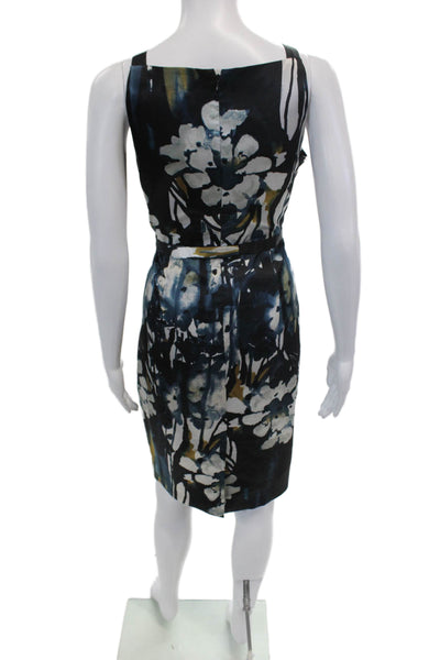 Tahari Womens Floral Print Sleeveless Sheath Mid Calf Dress Blue Black Size 6