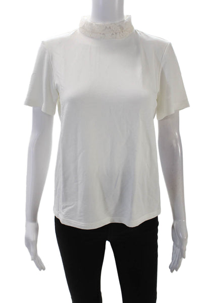 City Shop Womens Back Zip Short Sleeve Embroidered Mock Neck Top White Medium