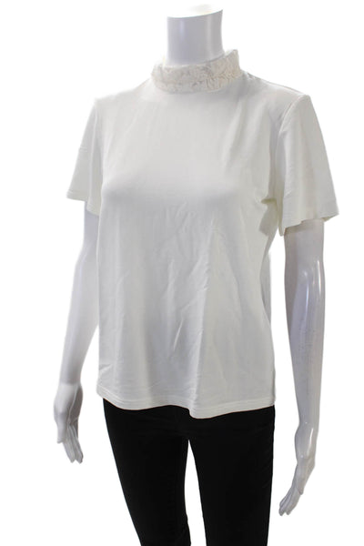 City Shop Womens Back Zip Short Sleeve Embroidered Mock Neck Top White Medium