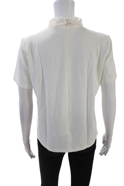 City Shop Womens Back Zip Short Sleeve Embroidered Mock Neck Top White Medium