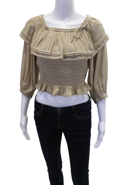 Ramy Brook Womens Shirred Round Neck Long Sleeve Blouse Top Beige Size M