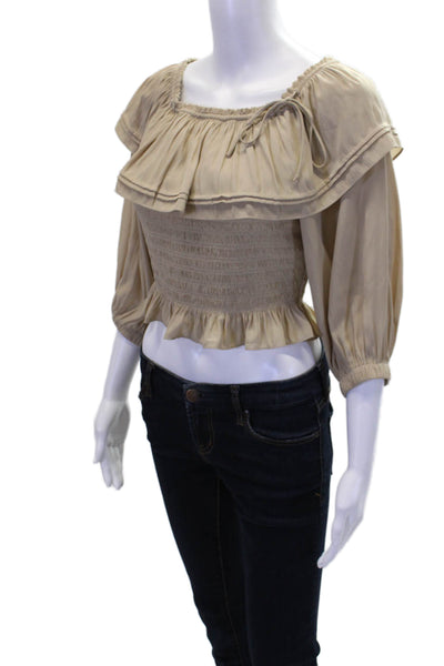 Ramy Brook Womens Shirred Round Neck Long Sleeve Blouse Top Beige Size M