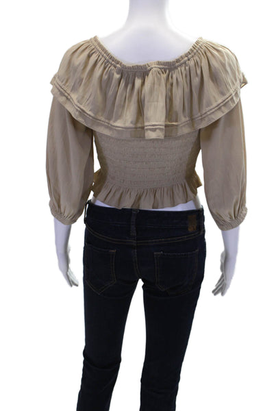 Ramy Brook Womens Shirred Round Neck Long Sleeve Blouse Top Beige Size M