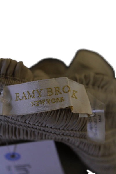 Ramy Brook Womens Shirred Round Neck Long Sleeve Blouse Top Beige Size M