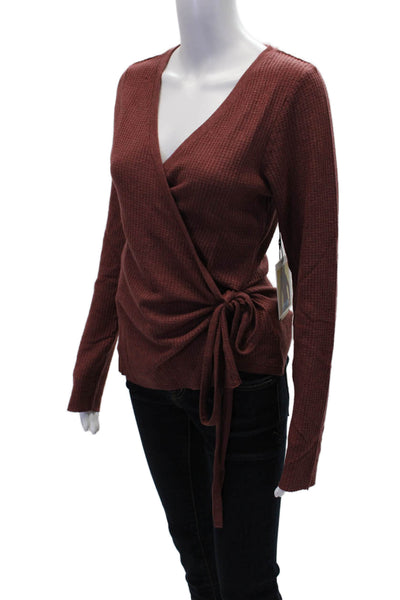Nation LTD Womens Long Sleeve V-Neck Waffle-Knit Wrap Sweater Red Size L
