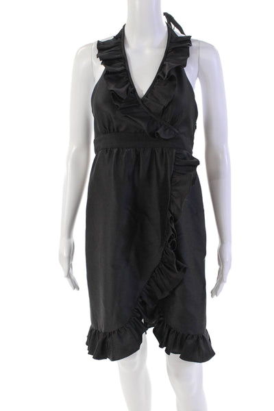 Tibi Womens Spaghetti Strap V Neck Ruffled Trim Shift Dress Black Wool Size 6