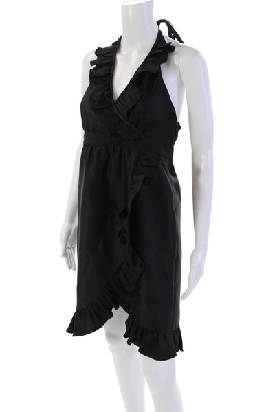 Tibi Womens Spaghetti Strap V Neck Ruffled Trim Shift Dress Black Wool Size 6