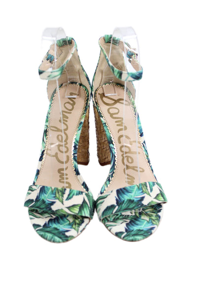 Sam Edelman Womens Block Heel Leaf Print Ankle Strap Sandals White Green Size 6