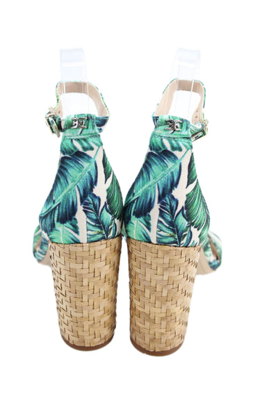 Sam Edelman Womens Block Heel Leaf Print Ankle Strap Sandals White Green Size 6