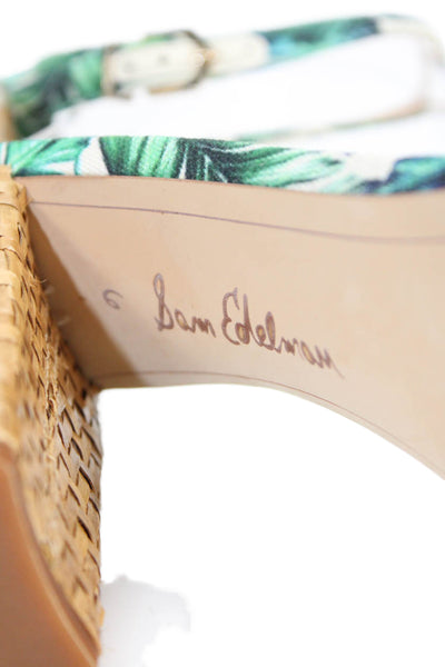 Sam Edelman Womens Block Heel Leaf Print Ankle Strap Sandals White Green Size 6