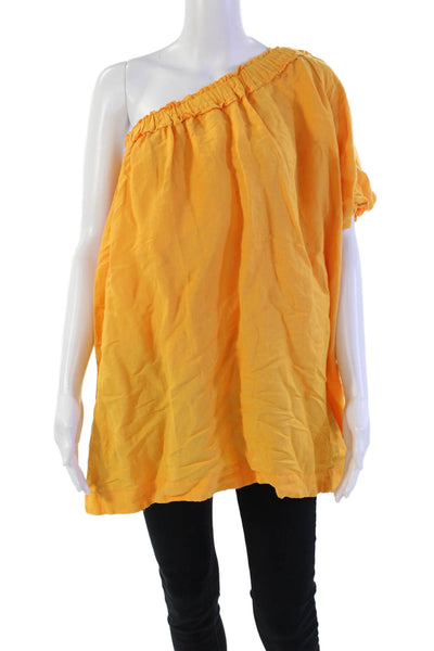 Anthropologie Womens Linen One Shoulder Puff Sleeve Blouse Orange Size S