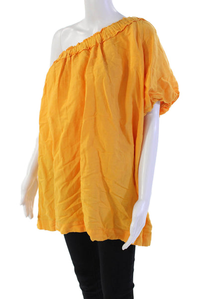 Anthropologie Womens Linen One Shoulder Puff Sleeve Blouse Orange Size S