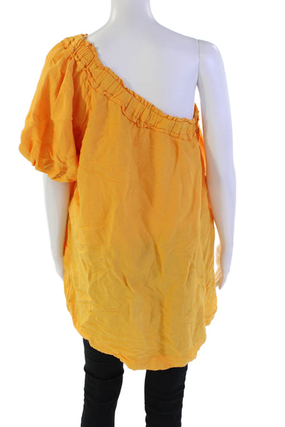 Anthropologie Womens Linen One Shoulder Puff Sleeve Blouse Orange Size S