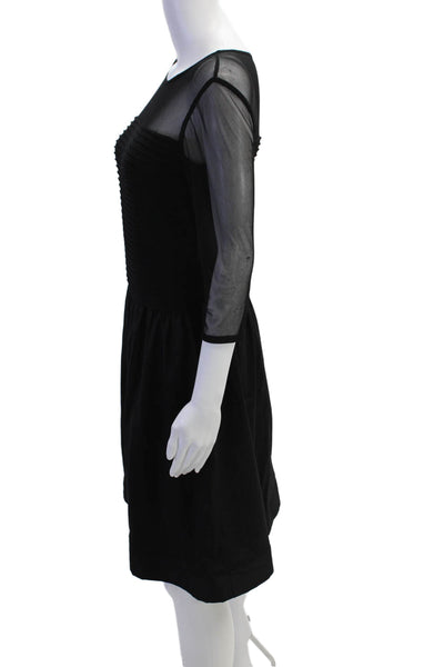 Adrianna Papell Womens Round Neck Long Sleeve Ruched Skater Dress Black Size 4