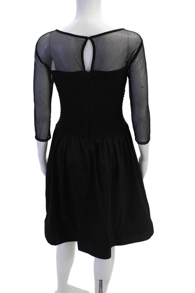 Adrianna Papell Womens Round Neck Long Sleeve Ruched Skater Dress Black Size 4
