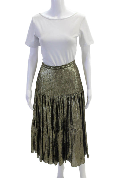 Michael Kors Collection Womens Zip Lined Metallic Flowy Maxi Skirt Gold Tone Siz