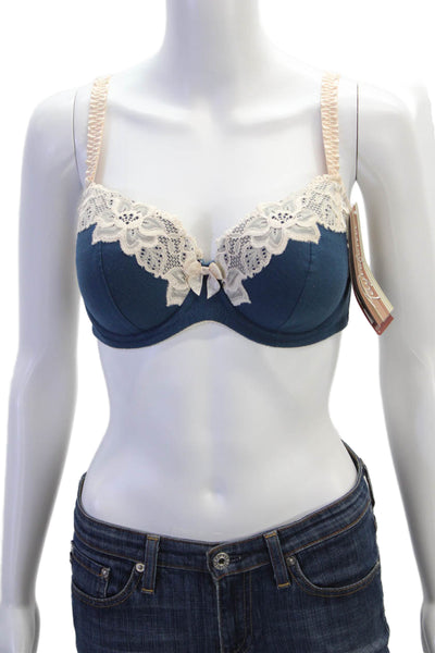 Fayreform Womens Cotton Lace Trim Detail Bow Accented Bra Blue Size UK 34D