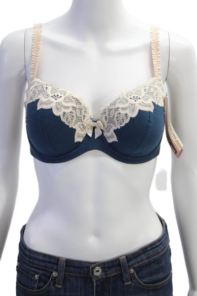 Fayreform Womens Cotton Lace Trim Detail Bow Accented Bra Blue Size 34DD