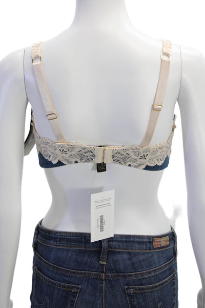 Fayreform Womens Cotton Lace Trim Detail Bow Accented Bra Blue Size 34DD