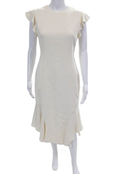 J. Mendel Women's Round Neck Ruffle Sleeves Fitted Midi Dress Beige Size 6