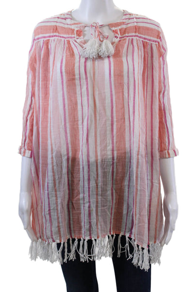 Roller Rabbit Womens Cotton Striped Fringe Y-Neck Tunic Blouse Pink Size S