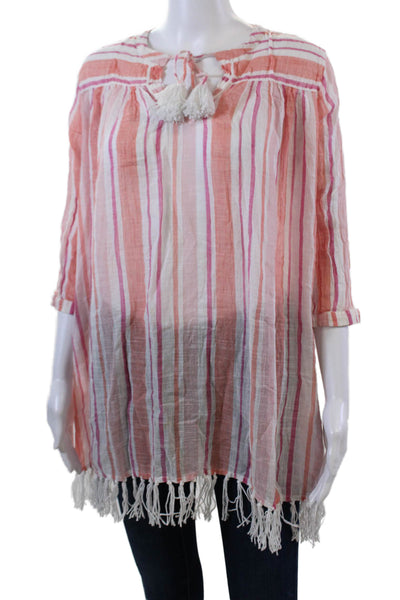 Roller Rabbit Womens Cotton Striped Fringe Y-Neck Tunic Blouse Pink Size S