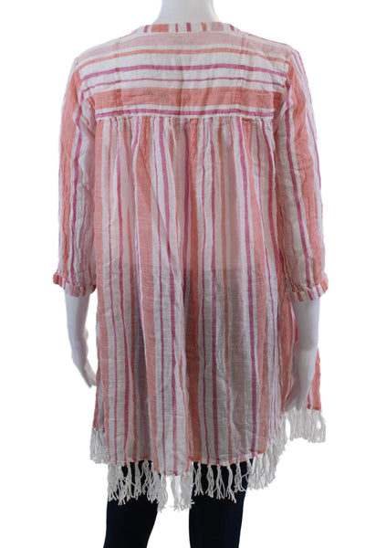 Roller Rabbit Womens Cotton Striped Fringe Y-Neck Tunic Blouse Pink Size S