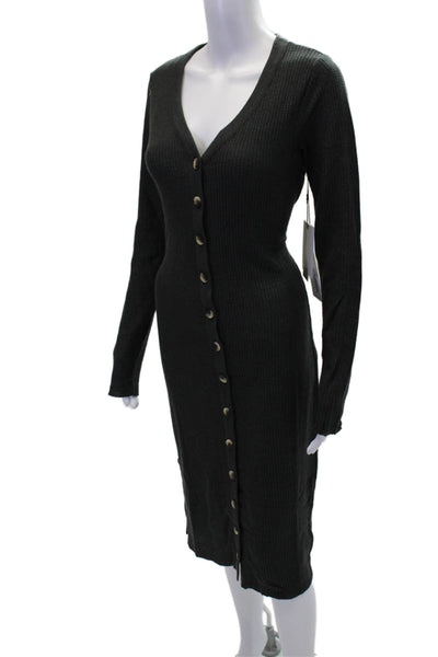 Nation LTD Womens Waffle Knit Long Sleeve Button Up Maxi Dress Green Size L