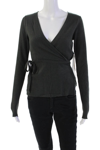 Nation LTD Womens Waffle Knit V-neck Long Sleeve Wrap Blouse Top Green Size S
