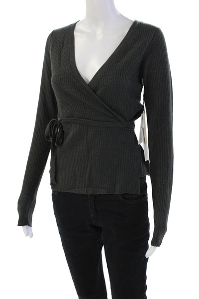 Nation LTD Womens Waffle Knit V-neck Long Sleeve Wrap Blouse Top Green Size S