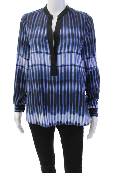 Vince Womens Silk Long Sleeve V-neck Striped Sleek Top Blue Size 04