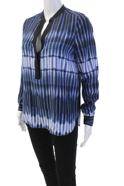 Vince Womens Silk Long Sleeve V-neck Striped Sleek Top Blue Size 04