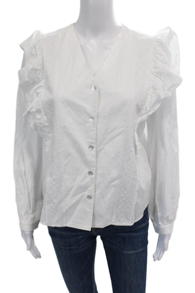 Rebecca Minkoff Womens Cotton V-Neck Ruffled Button-Down Shirt White Size S