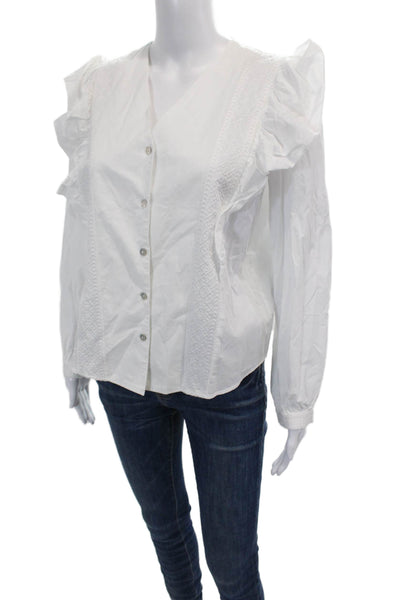 Rebecca Minkoff Womens Cotton V-Neck Ruffled Button-Down Shirt White Size S